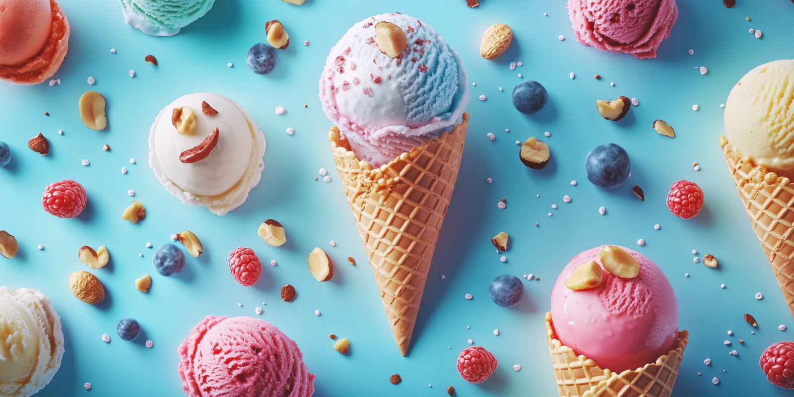 Colorful ice cream cones and toppings displayed on a bright blue background during a summer celebration